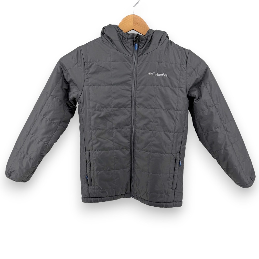 Columbia Kids Hooded Puffer Jacket Gray Quilted Full‎ Zip Insulated Size M